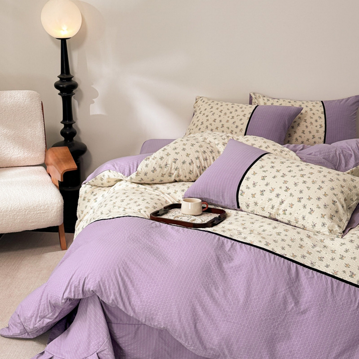 91家纺网 家纺一手货源 找家纺 铠畅家纺 2026春夏新品高克重拼接泡芙纱泡泡皱皱纱四件套 春日花信