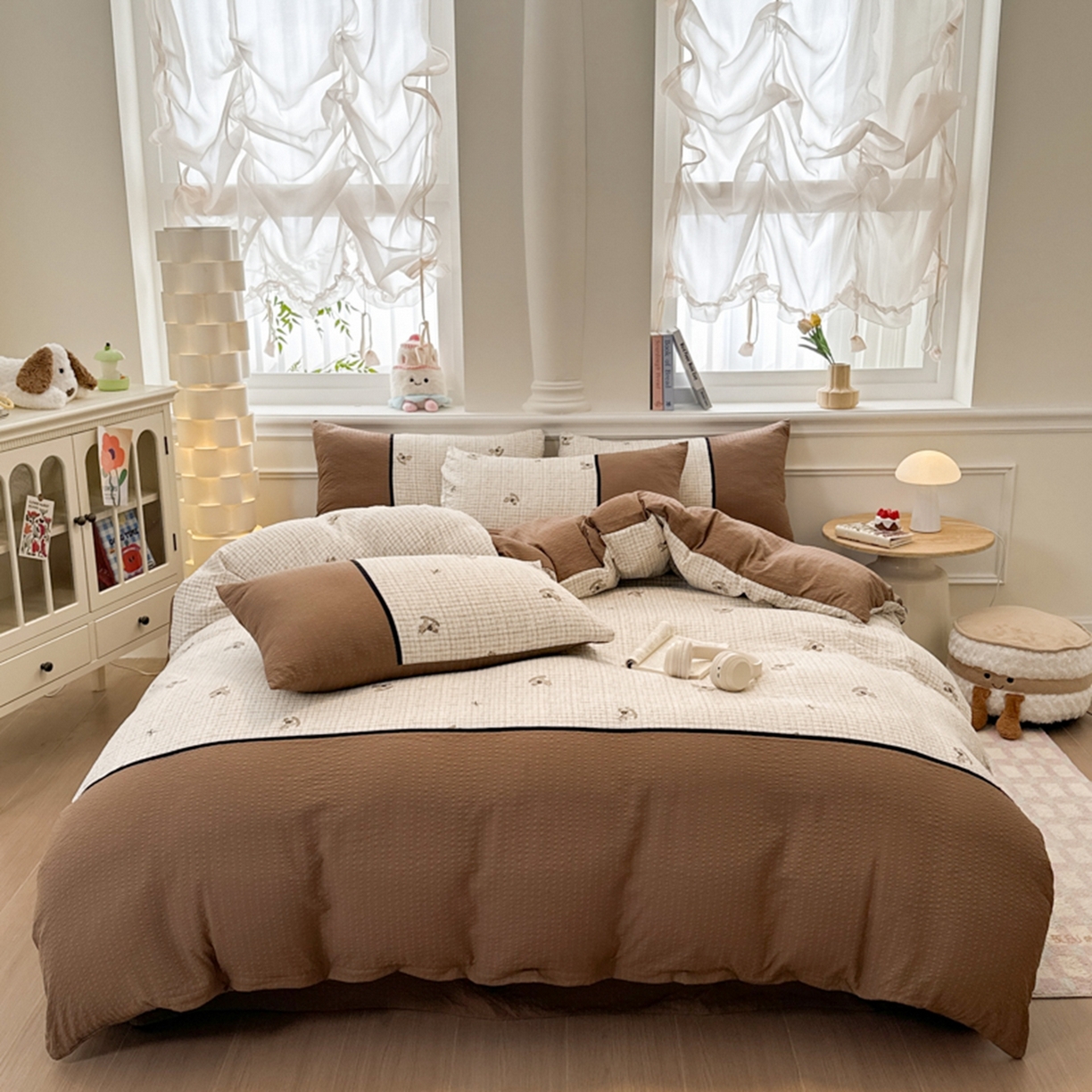 91家纺网 家纺一手货源 找家纺 铠畅家纺 2026春夏新品高克重拼接泡芙纱泡泡皱皱纱四件套 格纹木马