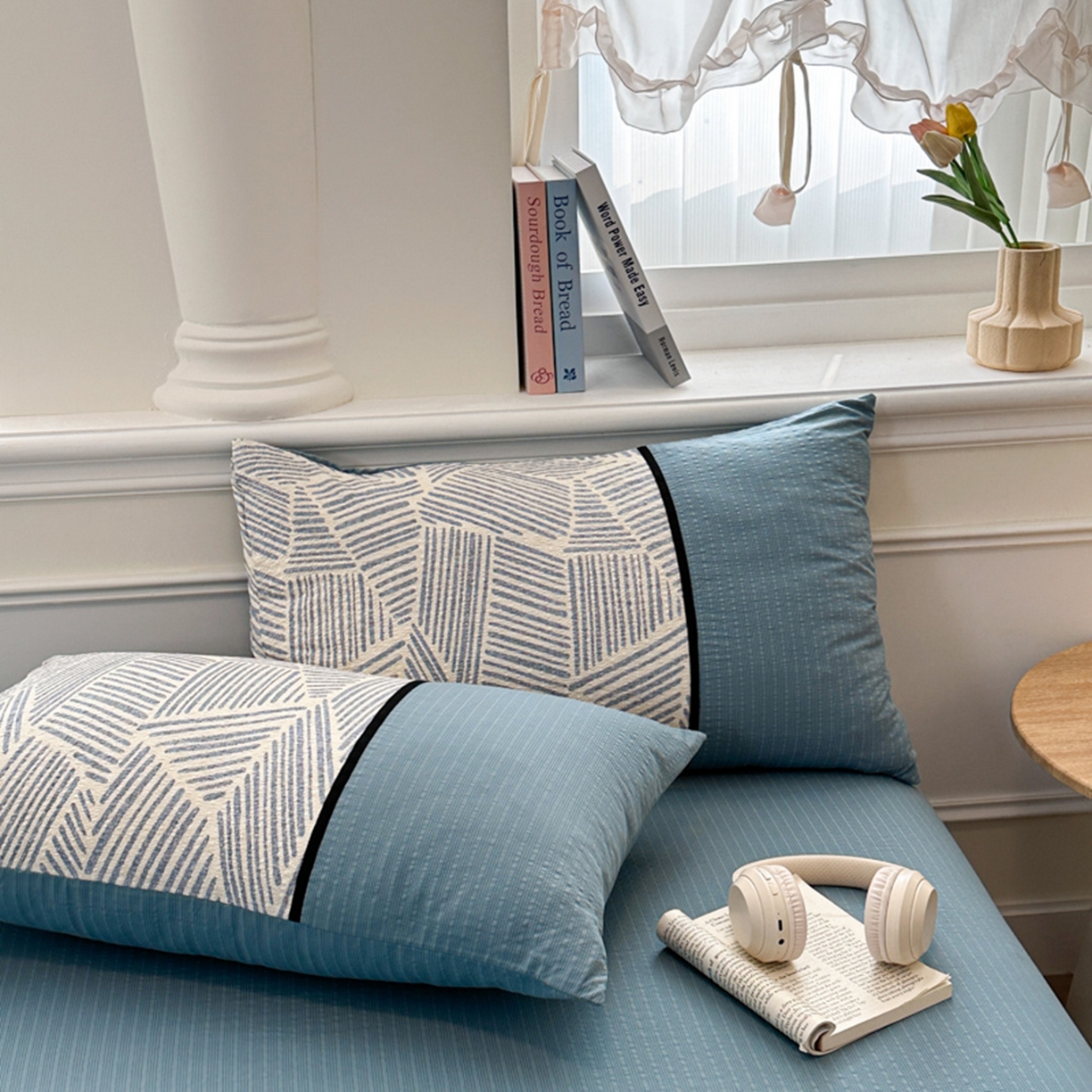 91家纺网 家纺一手货源 找家纺 铠畅家纺 2026春夏新品高克重拼接泡芙纱泡泡皱皱纱四件套 蓝纹序