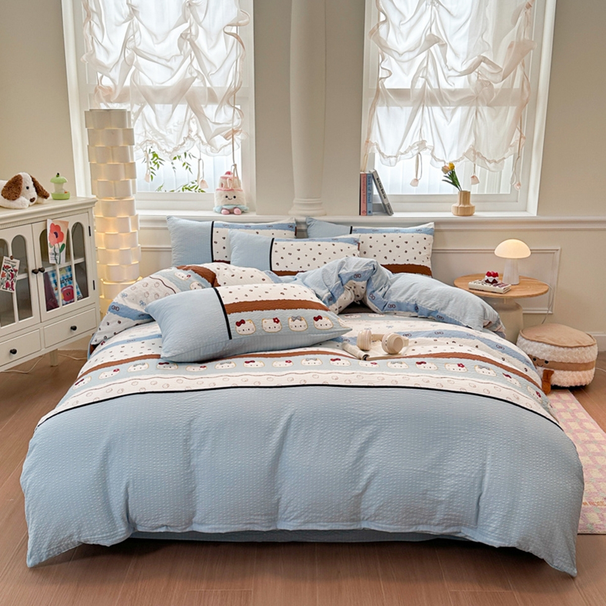 91家纺网 家纺一手货源 找家纺 铠畅家纺 2026春夏新品高克重拼接泡芙纱泡泡皱皱纱四件套 萌萌喵