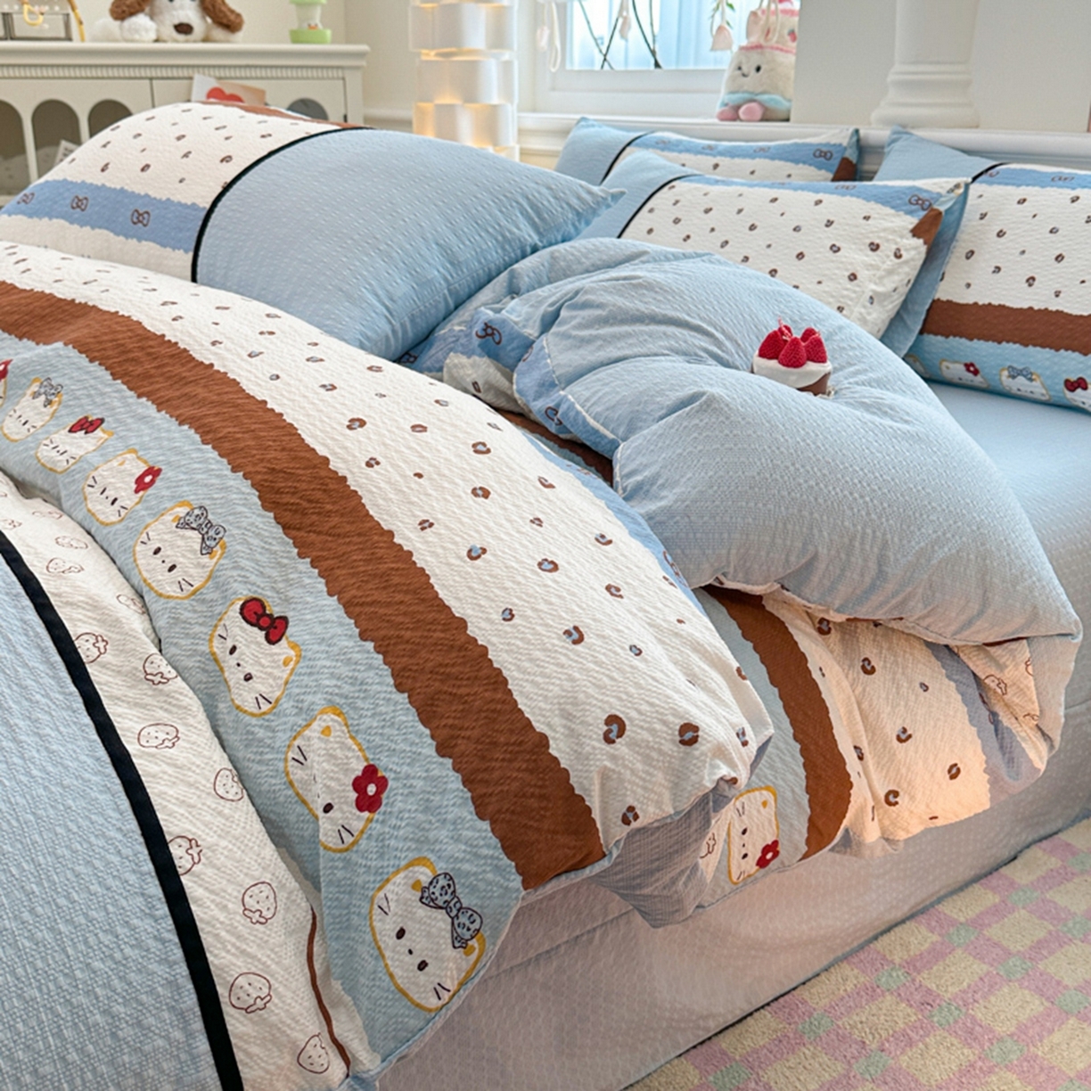 91家纺网 家纺一手货源 找家纺 铠畅家纺 2026春夏新品高克重拼接泡芙纱泡泡皱皱纱四件套 萌萌喵