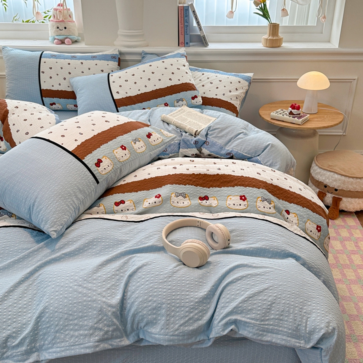 91家纺网 家纺一手货源 找家纺 铠畅家纺 2026春夏新品高克重拼接泡芙纱泡泡皱皱纱四件套 萌萌喵