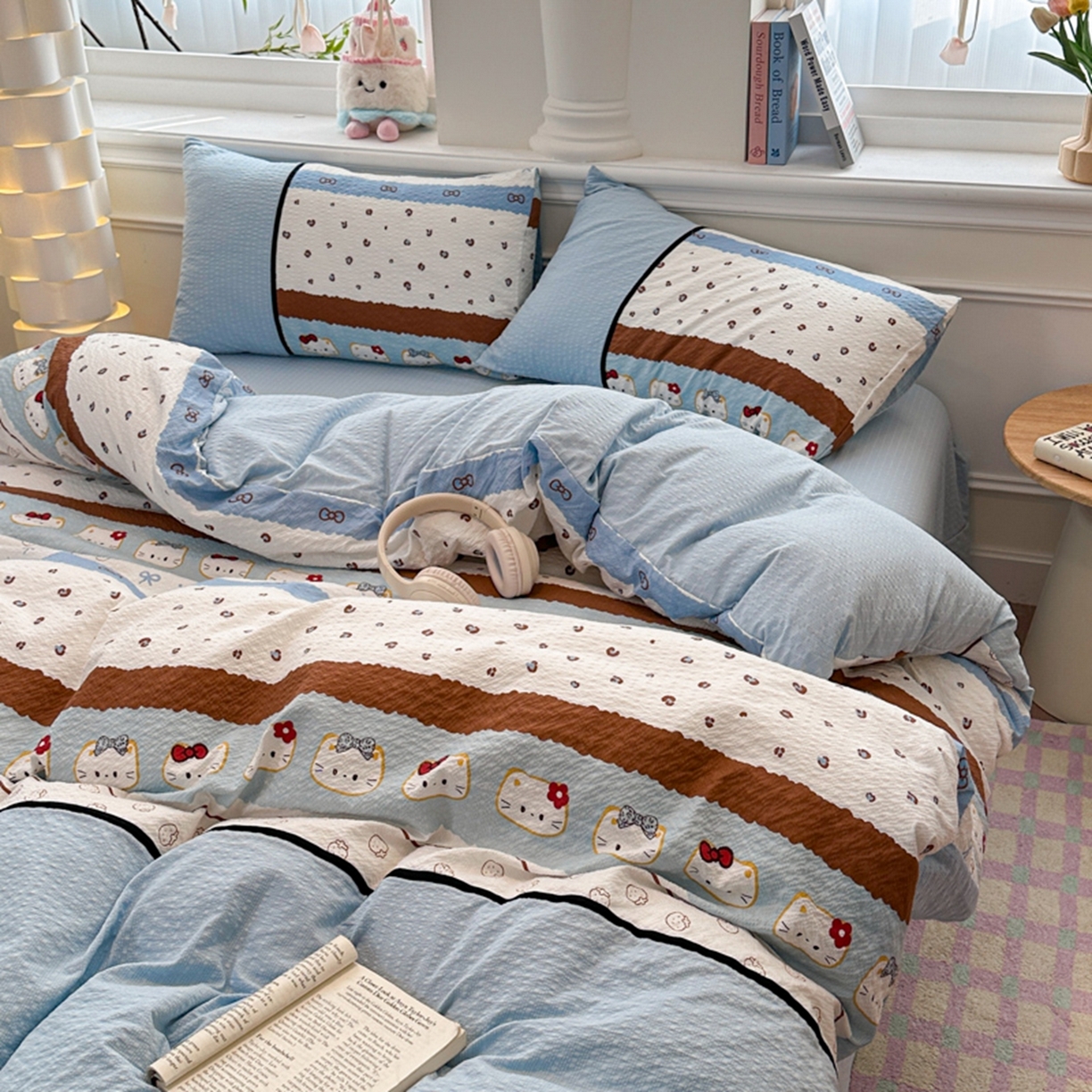 91家纺网 家纺一手货源 找家纺 铠畅家纺 2026春夏新品高克重拼接泡芙纱泡泡皱皱纱四件套 萌萌喵