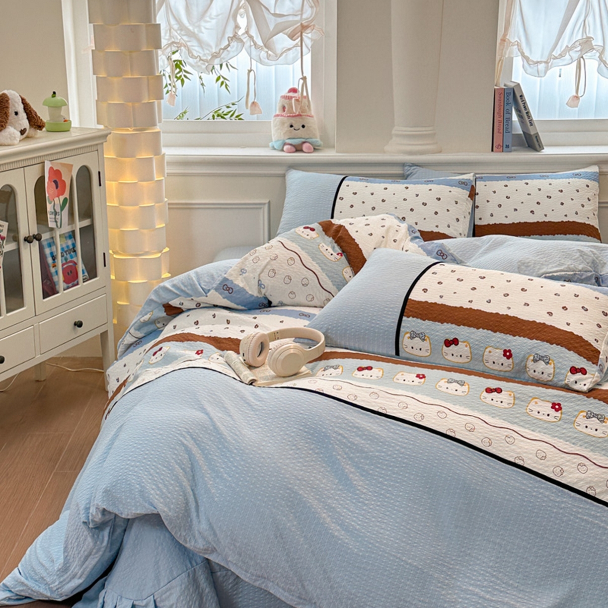 91家纺网 家纺一手货源 找家纺 铠畅家纺 2026春夏新品高克重拼接泡芙纱泡泡皱皱纱四件套 萌萌喵