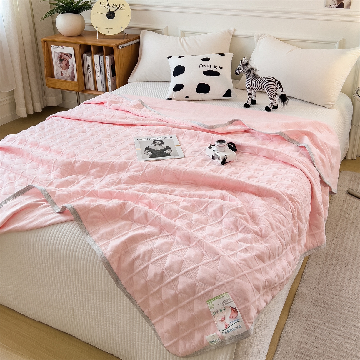 91家纺网 家纺一手货源 找家纺 云恋家纺 2026新款空气提花全棉盖毯夏被毯子 菱形格-粉玉