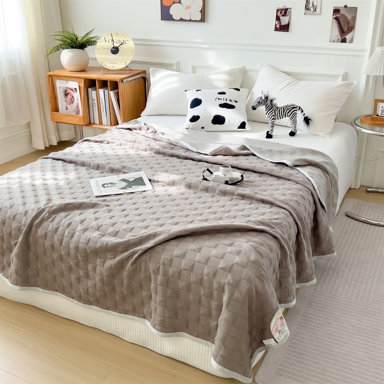 91家纺网 家纺一手货源 找家纺 云恋家纺 2026新款空气提花全棉盖毯夏被毯子 方格-灰卡