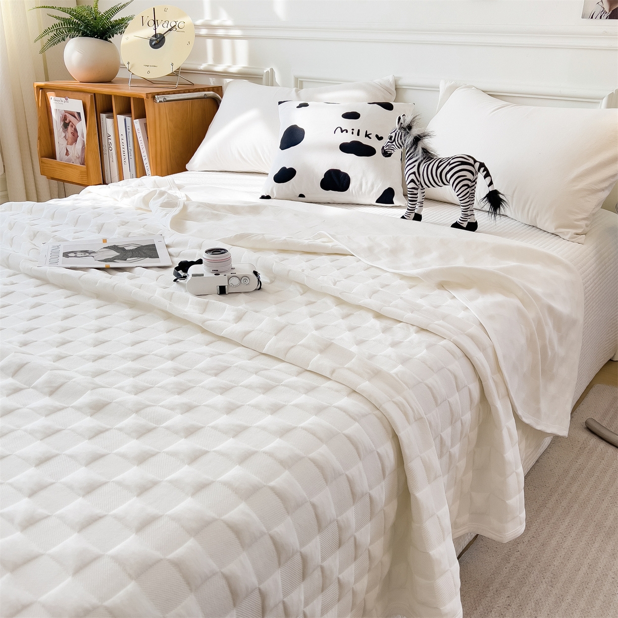 91家纺网 家纺一手货源 找家纺 云恋家纺 2026新款空气提花全棉盖毯夏被毯子 方格-本白