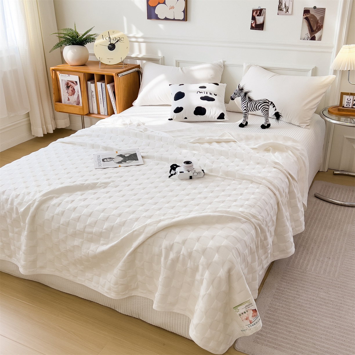 91家纺网 家纺一手货源 找家纺 云恋家纺 2026新款空气提花全棉盖毯夏被毯子 方格-本白