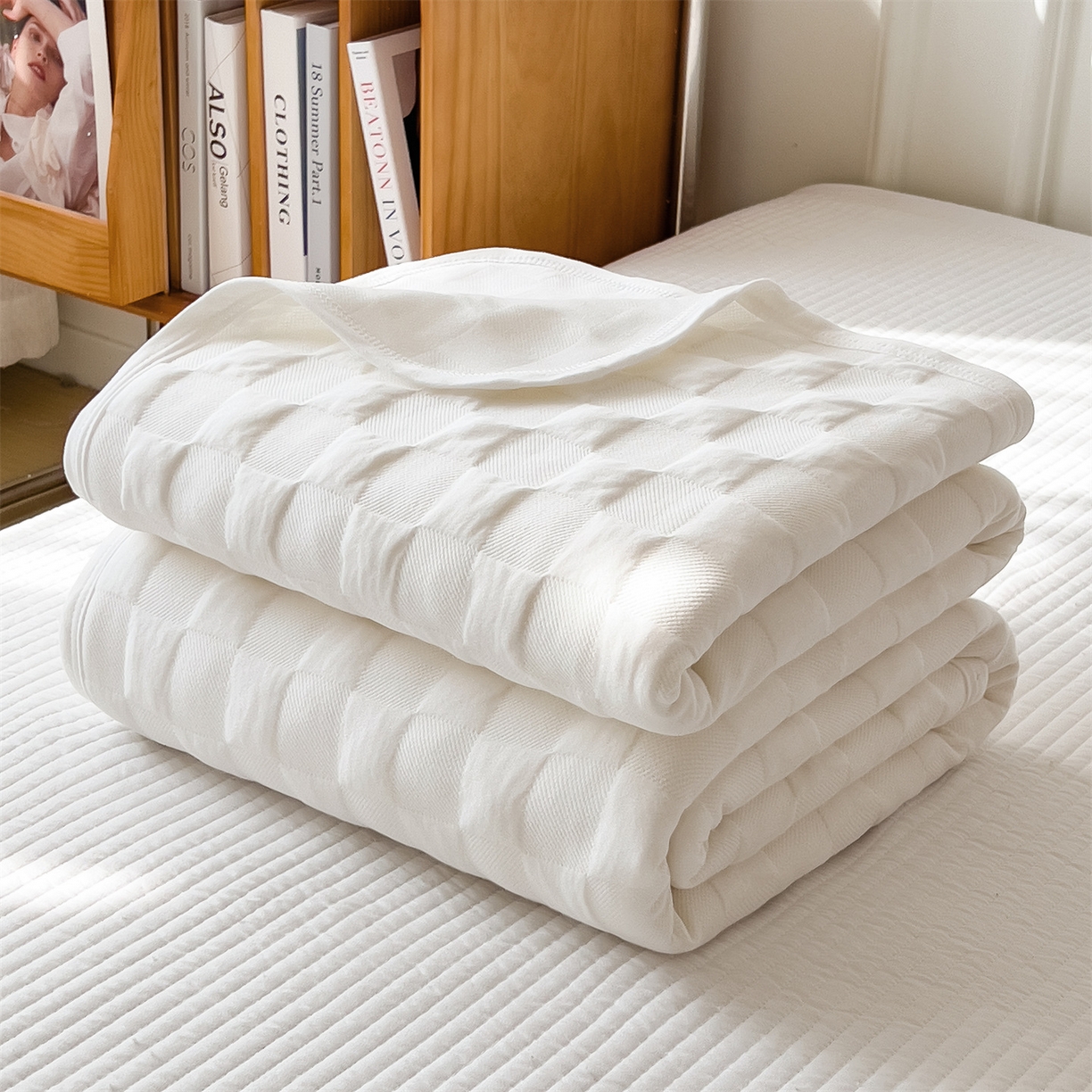 91家纺网 家纺一手货源 找家纺 云恋家纺 2026新款空气提花全棉盖毯夏被毯子 方格-本白