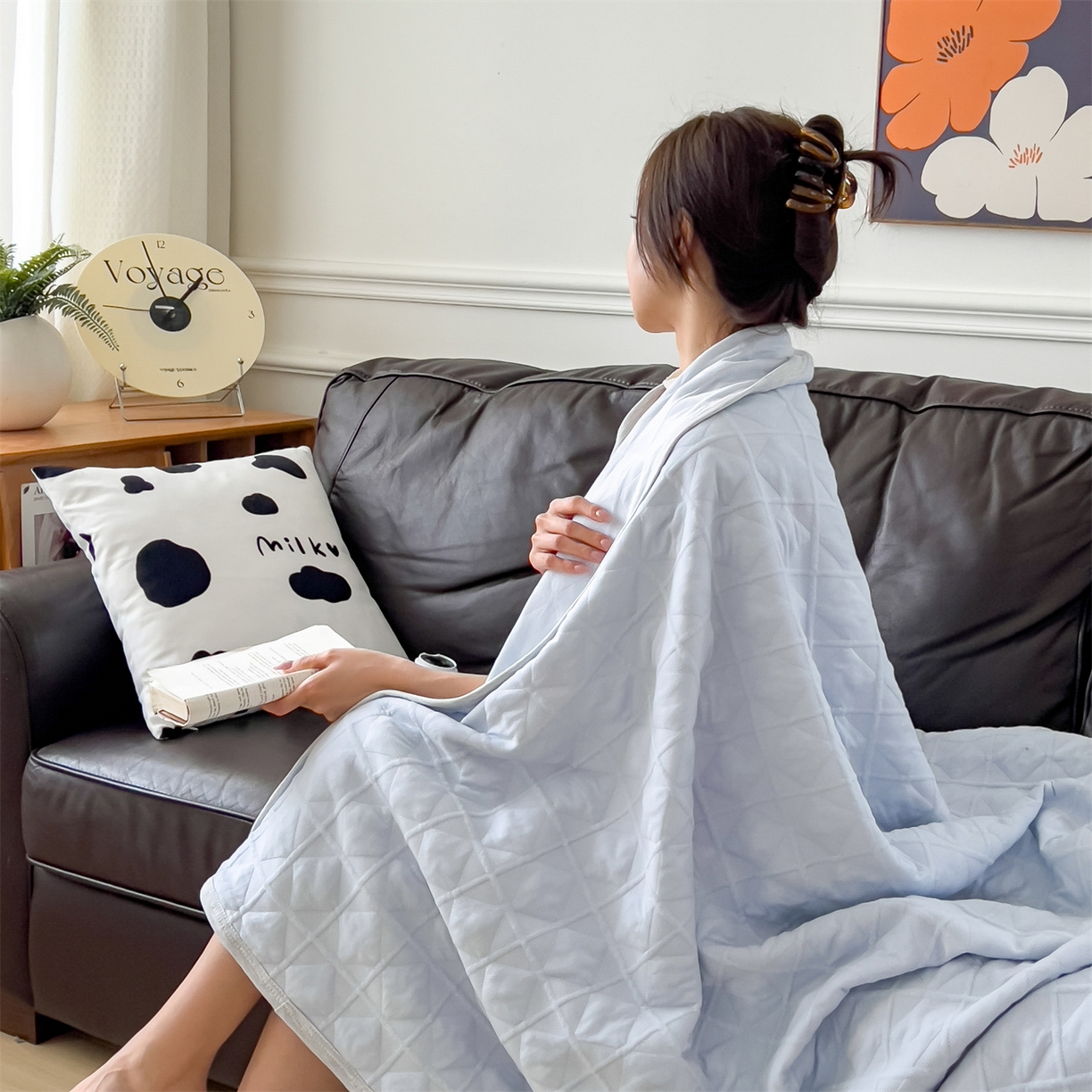 91家纺网 家纺一手货源 找家纺 云恋家纺 2026新款空气提花全棉盖毯夏被毯子 菱形格-浅蓝