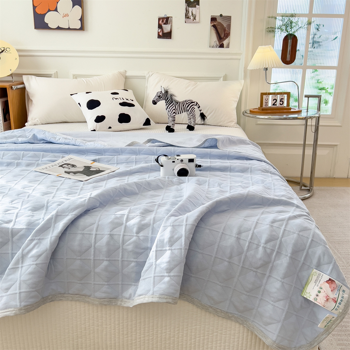 91家纺网 家纺一手货源 找家纺 云恋家纺 2026新款空气提花全棉盖毯夏被毯子 菱形格-浅蓝