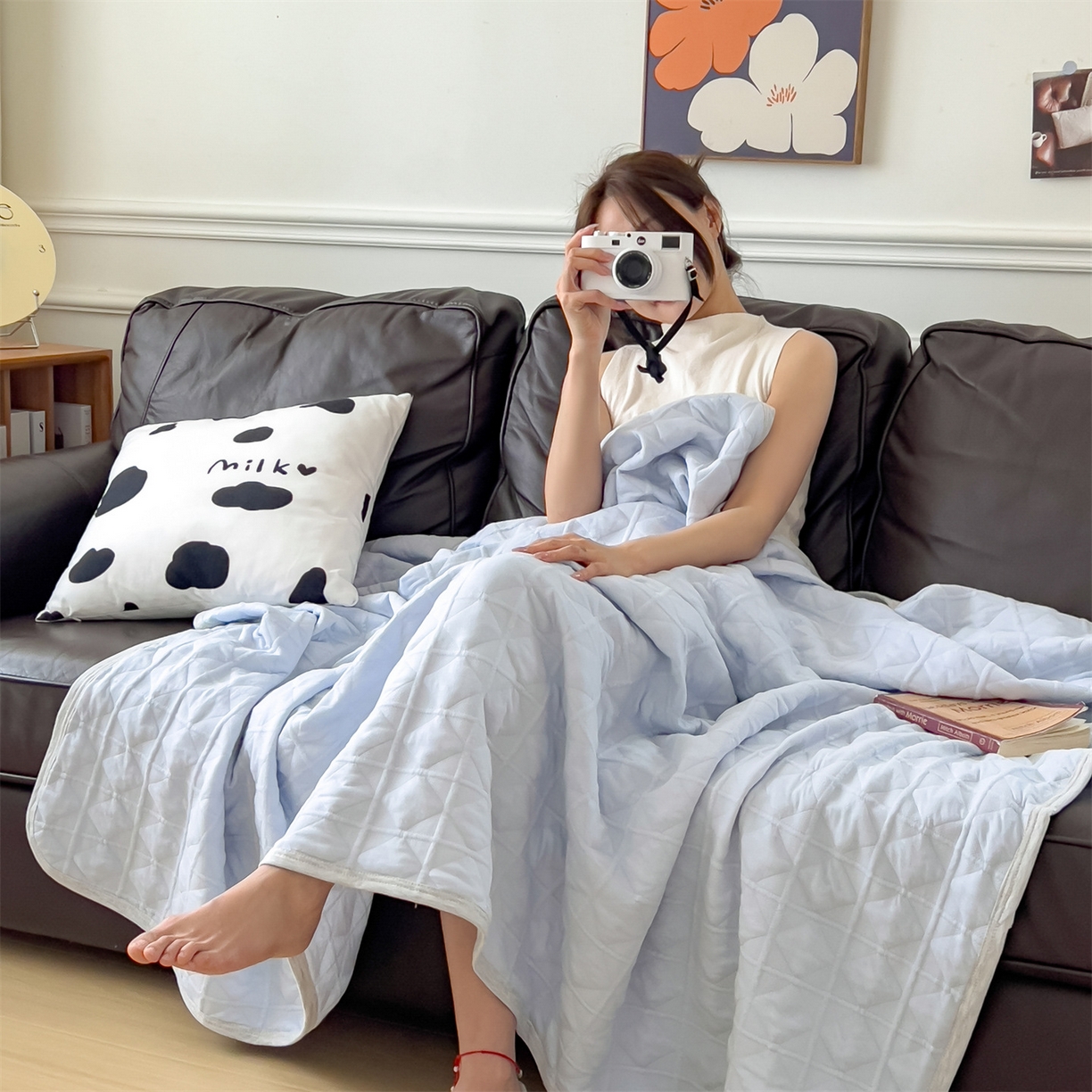 91家纺网 家纺一手货源 找家纺 云恋家纺 2026新款空气提花全棉盖毯夏被毯子 菱形格-浅蓝