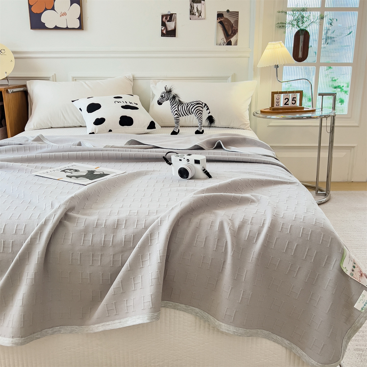 91家纺网 家纺一手货源 找家纺 云恋家纺 2026新款空气提花全棉盖毯夏被毯子 格调-浅灰