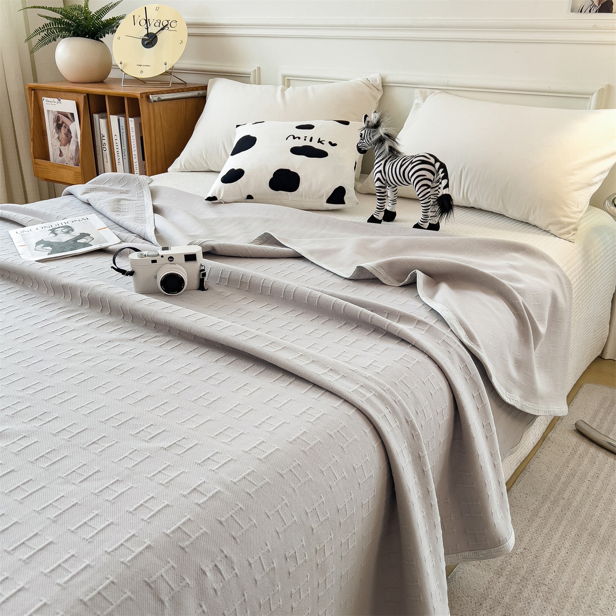 91家纺网 家纺一手货源 找家纺 云恋家纺 2026新款空气提花全棉盖毯夏被毯子 格调-浅灰