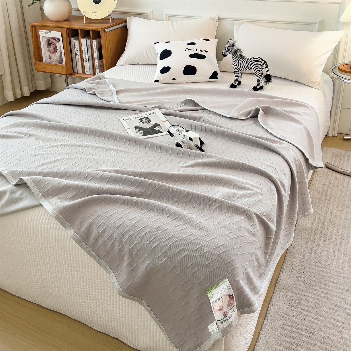 91家纺网 家纺一手货源 找家纺 云恋家纺 2026新款空气提花全棉盖毯夏被毯子 格调-浅灰