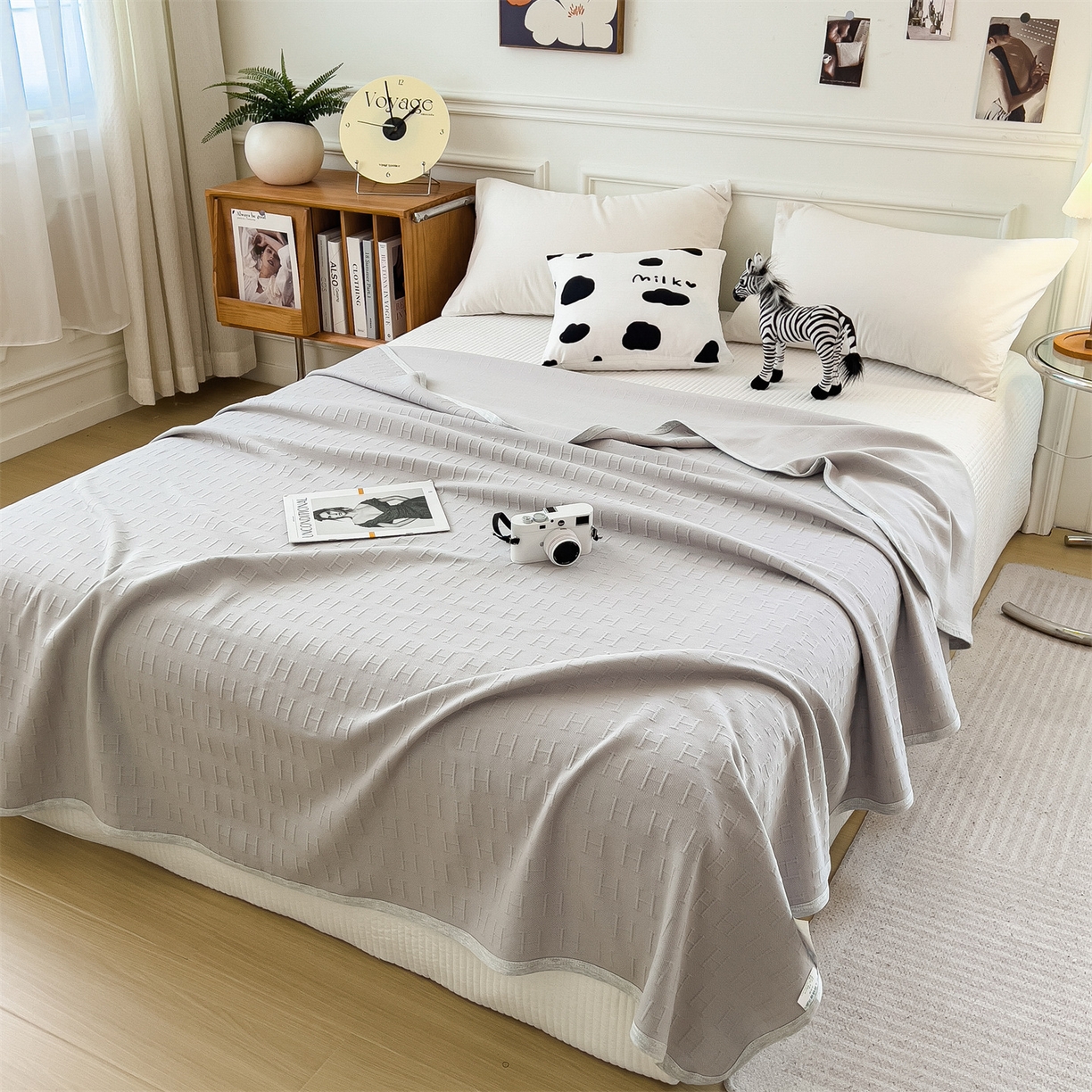 91家纺网 家纺一手货源 找家纺 云恋家纺 2026新款空气提花全棉盖毯夏被毯子 格调-浅灰