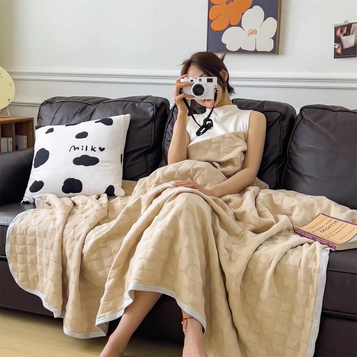 91家纺网 家纺一手货源 找家纺 云恋家纺 2026新款空气提花全棉盖毯夏被毯子 方格-咖色