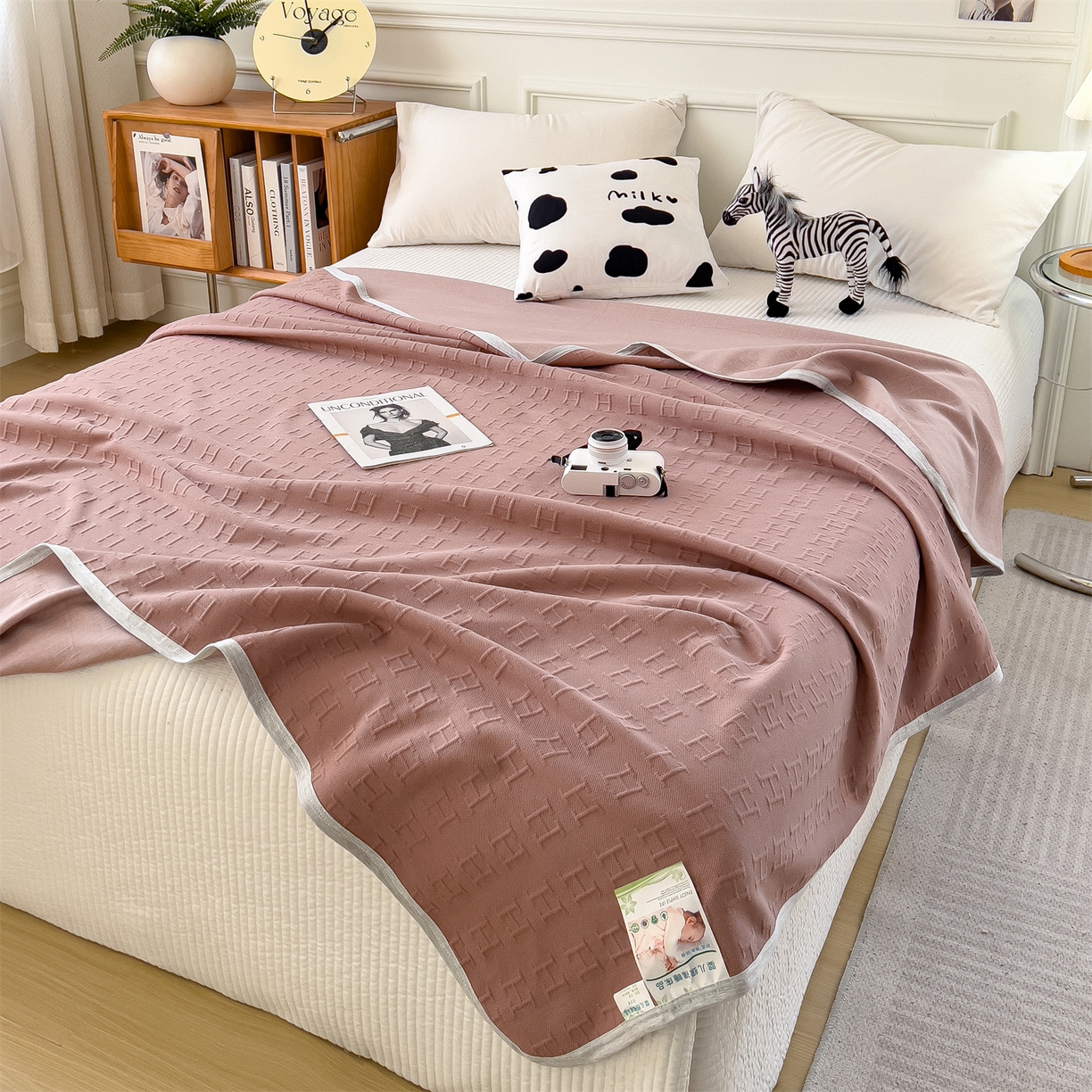 91家纺网 家纺一手货源 找家纺 云恋家纺 2026新款空气提花全棉盖毯夏被毯子 格调-豆沙