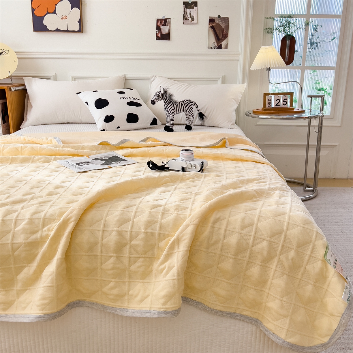 91家纺网 家纺一手货源 找家纺 云恋家纺 2026新款空气提花全棉盖毯夏被毯子 菱形格-奶黄