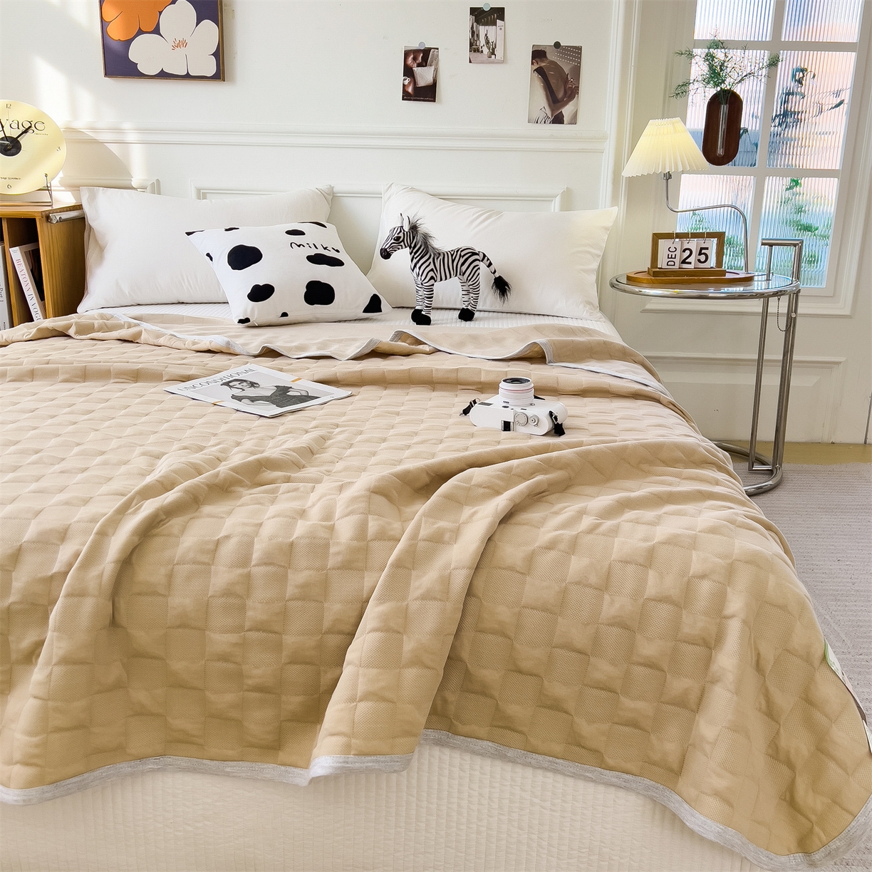 91家纺网 家纺一手货源 找家纺 云恋家纺 2026新款空气提花全棉盖毯夏被毯子 方格-咖色