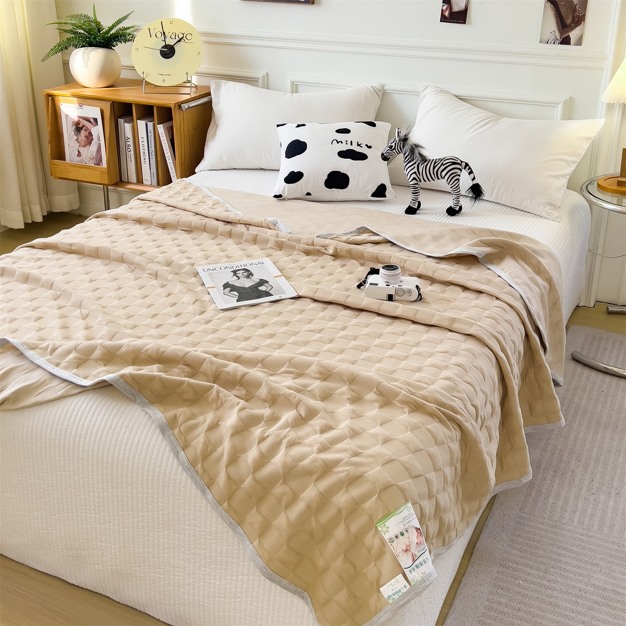 91家纺网 家纺一手货源 找家纺 云恋家纺 2026新款空气提花全棉盖毯夏被毯子 方格-咖色