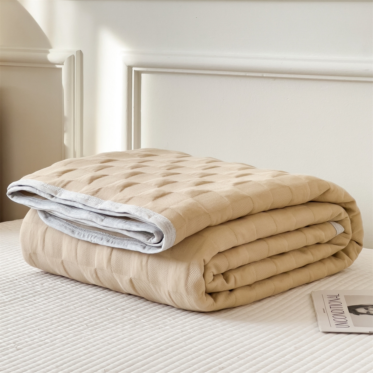 91家纺网 家纺一手货源 找家纺 云恋家纺 2026新款空气提花全棉盖毯夏被毯子 方格-咖色