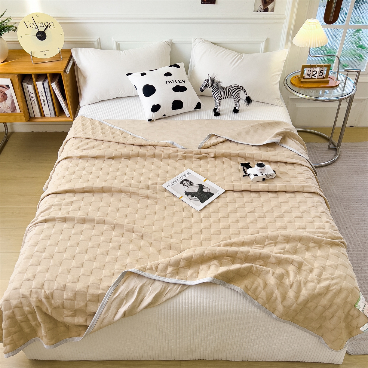 91家纺网 家纺一手货源 找家纺 云恋家纺 2026新款空气提花全棉盖毯夏被毯子 方格-咖色