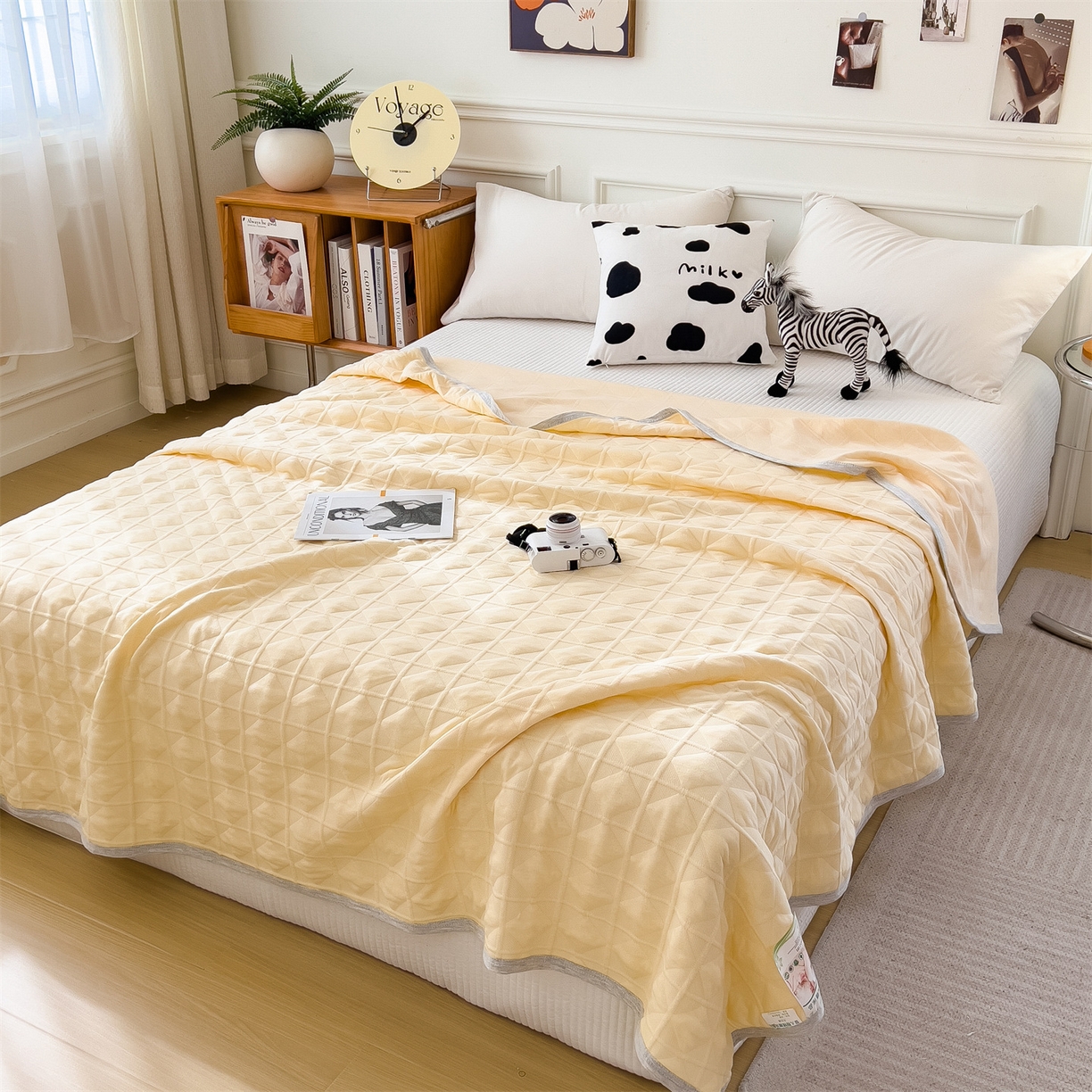 91家纺网 家纺一手货源 找家纺 云恋家纺 2026新款空气提花全棉盖毯夏被毯子 菱形格-奶黄