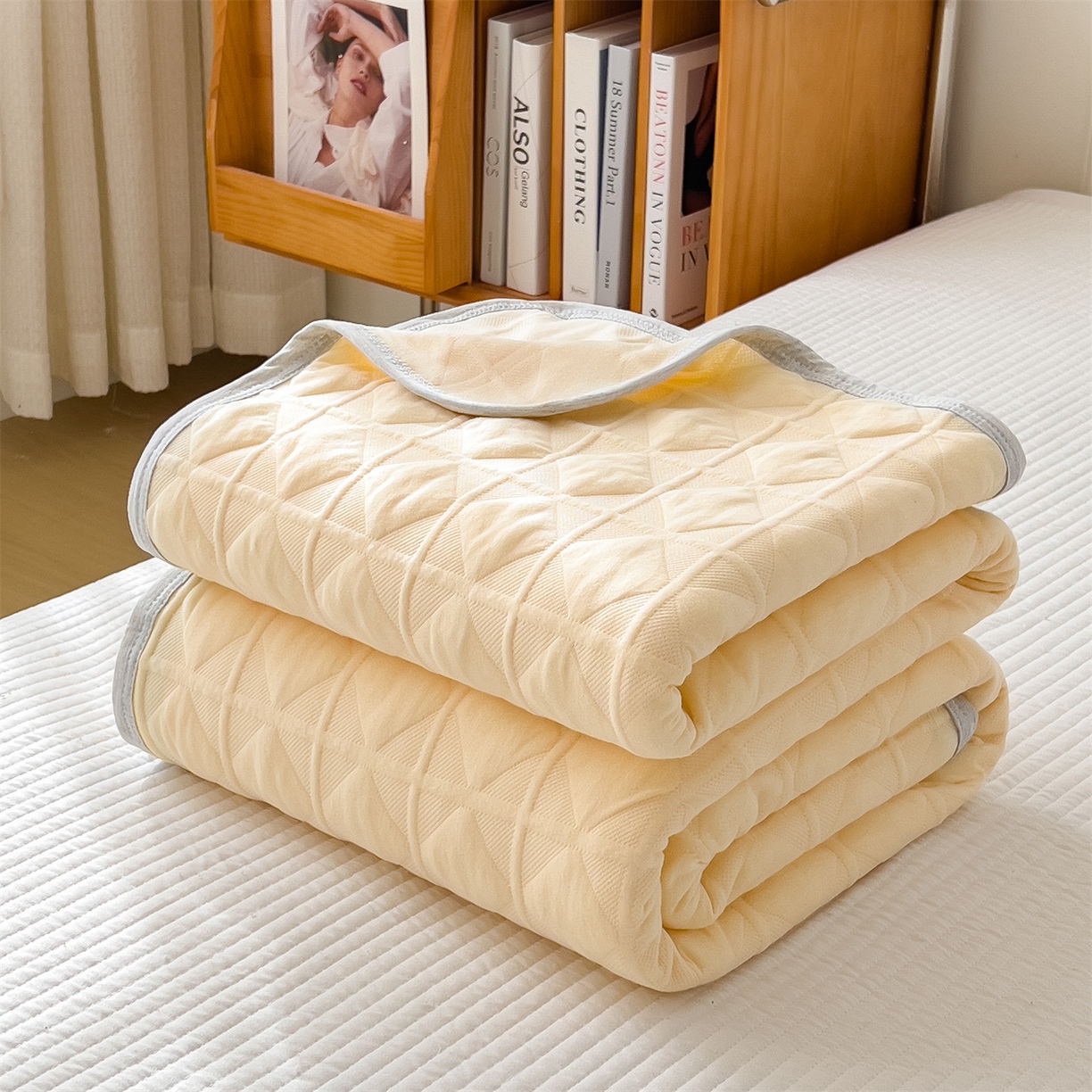 91家纺网 家纺一手货源 找家纺 云恋家纺 2026新款空气提花全棉盖毯夏被毯子 菱形格-奶黄