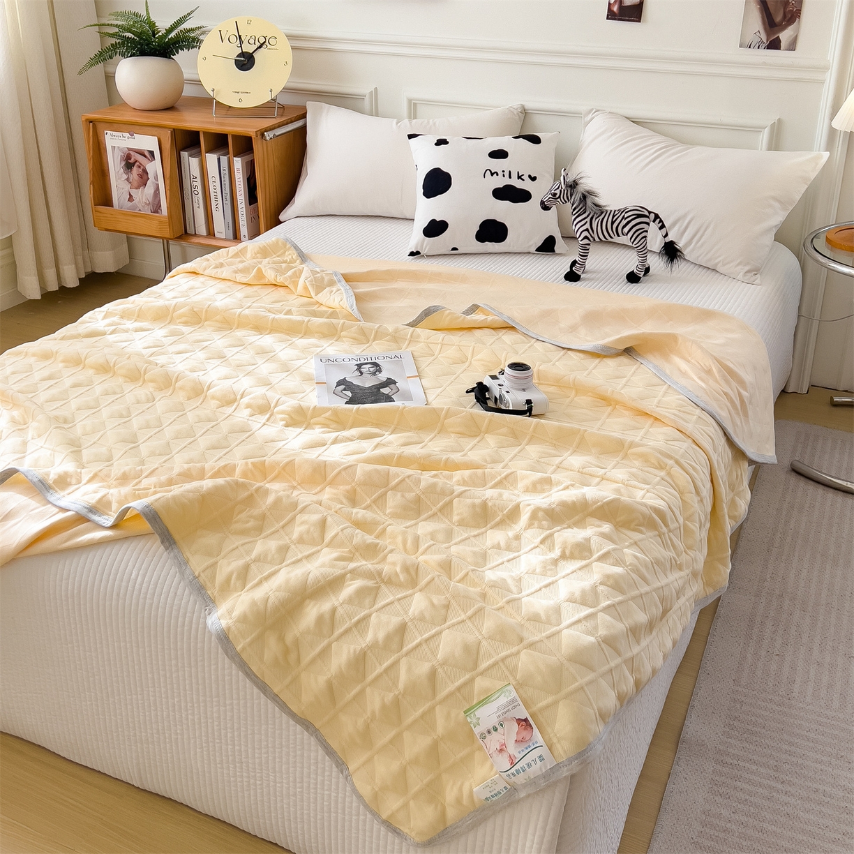 91家纺网 家纺一手货源 找家纺 云恋家纺 2026新款空气提花全棉盖毯夏被毯子 菱形格-奶黄