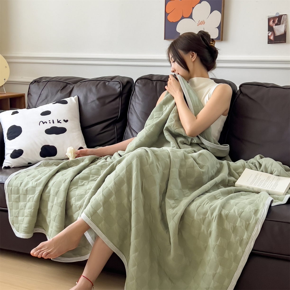 91家纺网 家纺一手货源 找家纺 云恋家纺 2026新款空气提花全棉盖毯夏被毯子 方格-橄榄绿