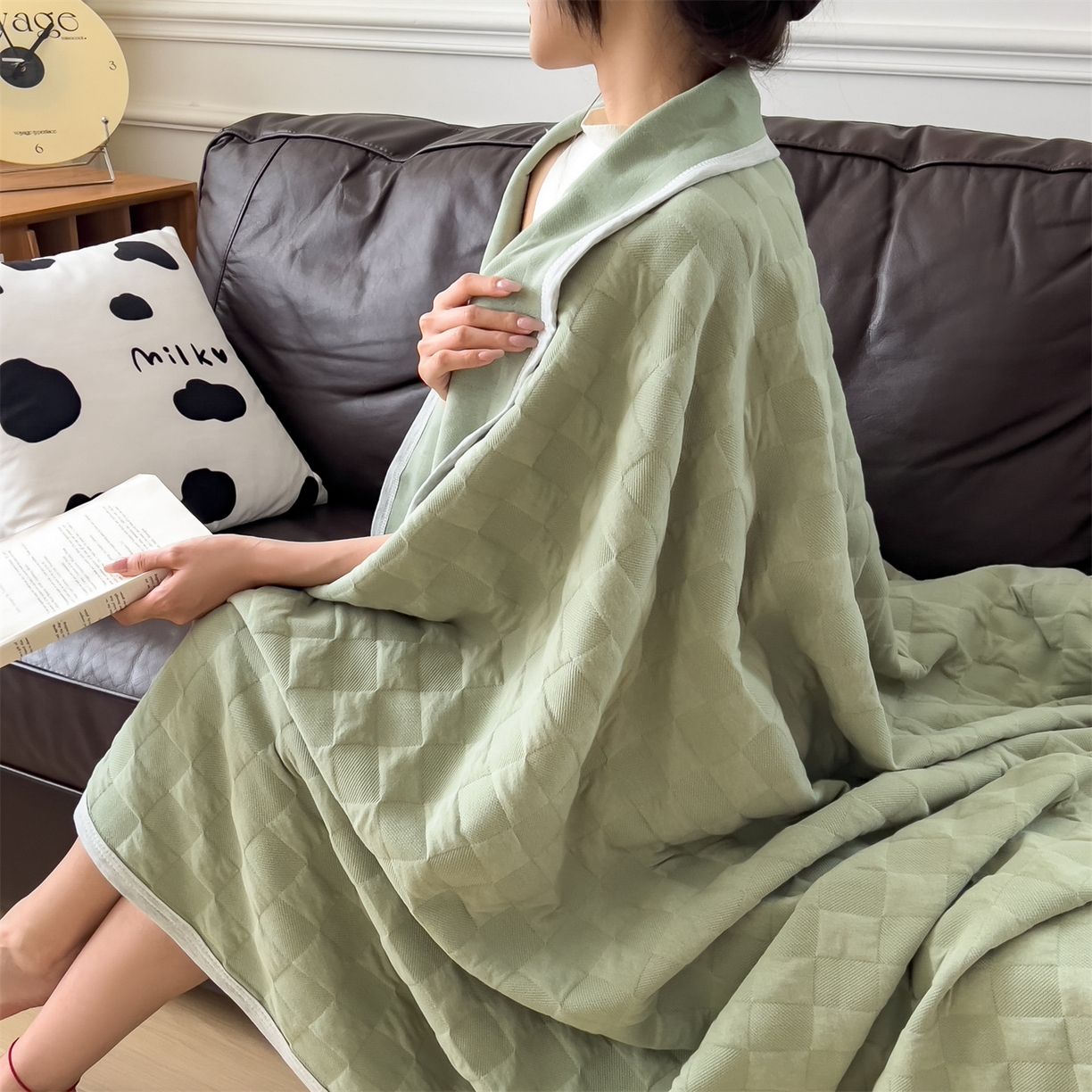 91家纺网 家纺一手货源 找家纺 云恋家纺 2026新款空气提花全棉盖毯夏被毯子 方格-橄榄绿