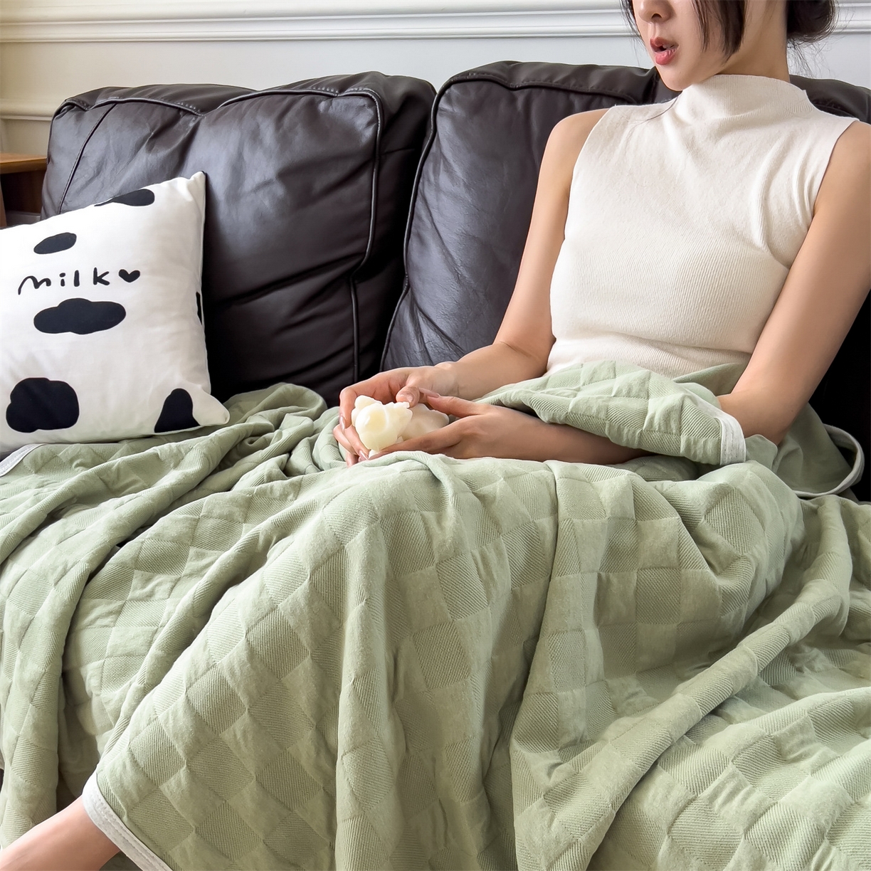 91家纺网 家纺一手货源 找家纺 云恋家纺 2026新款空气提花全棉盖毯夏被毯子 方格-橄榄绿