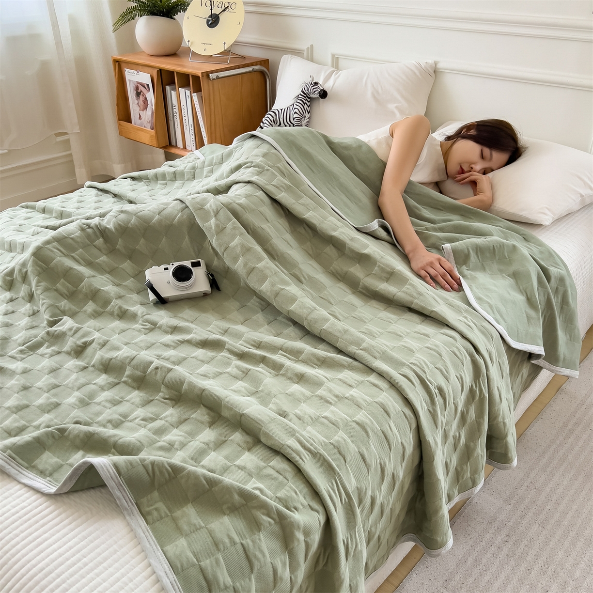 91家纺网 家纺一手货源 找家纺 云恋家纺 2026新款空气提花全棉盖毯夏被毯子 方格-橄榄绿