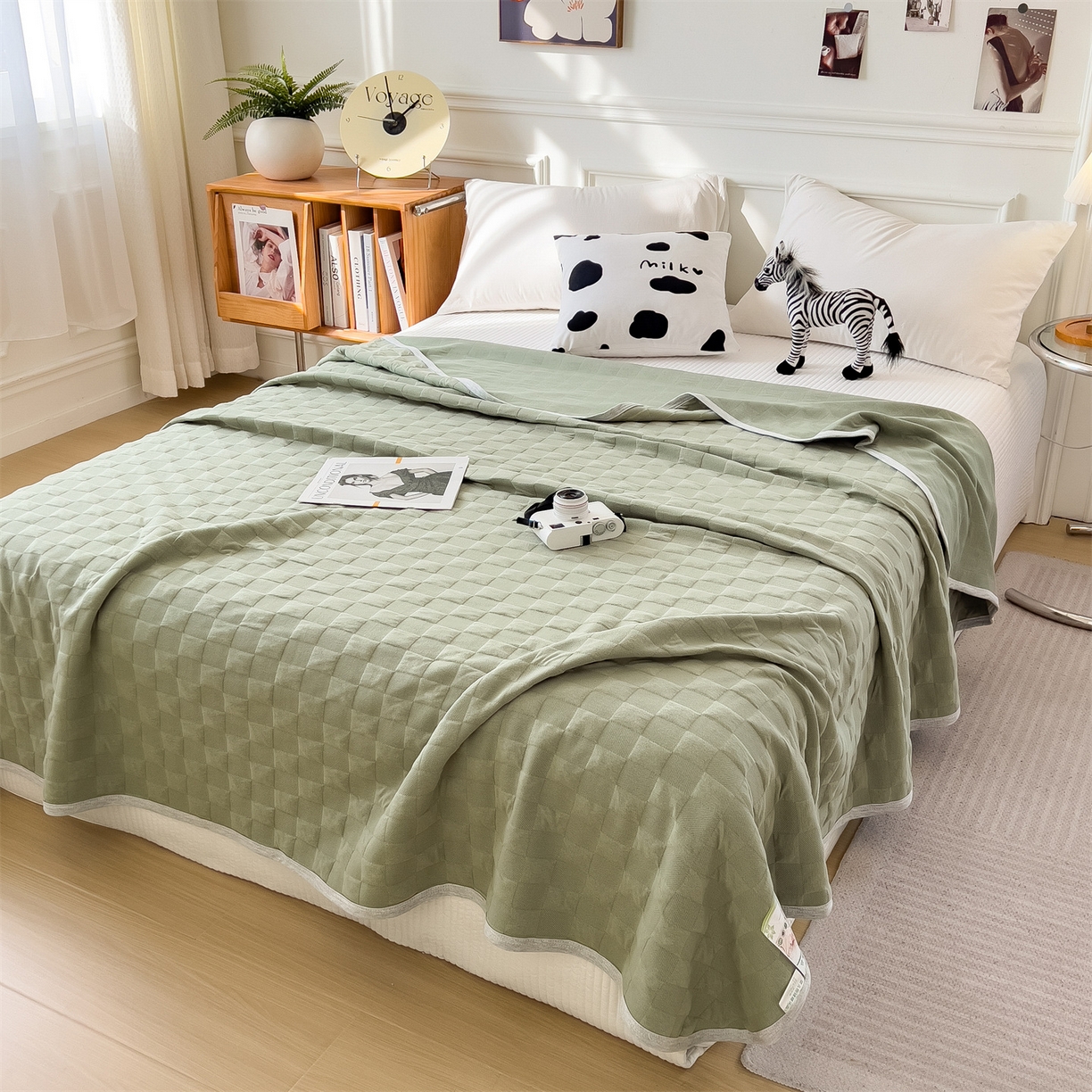 91家纺网 家纺一手货源 找家纺 云恋家纺 2026新款空气提花全棉盖毯夏被毯子 方格-橄榄绿