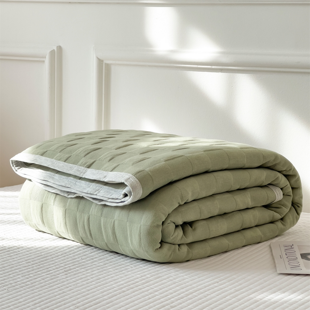 91家纺网 家纺一手货源 找家纺 云恋家纺 2026新款空气提花全棉盖毯夏被毯子 方格-橄榄绿