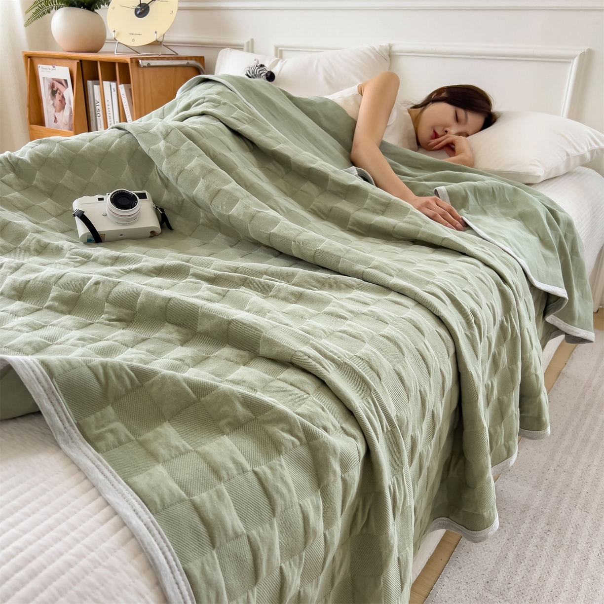 91家纺网 家纺一手货源 找家纺 云恋家纺 2026新款空气提花全棉盖毯夏被毯子 方格-橄榄绿