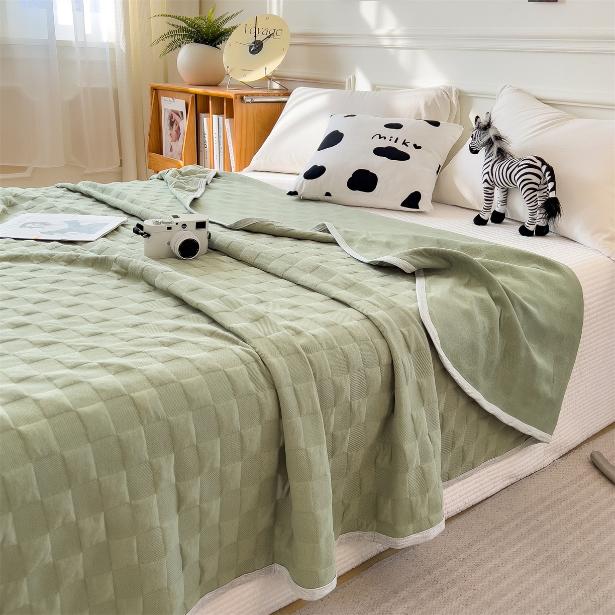 91家纺网 家纺一手货源 找家纺 云恋家纺 2026新款空气提花全棉盖毯夏被毯子 方格-橄榄绿