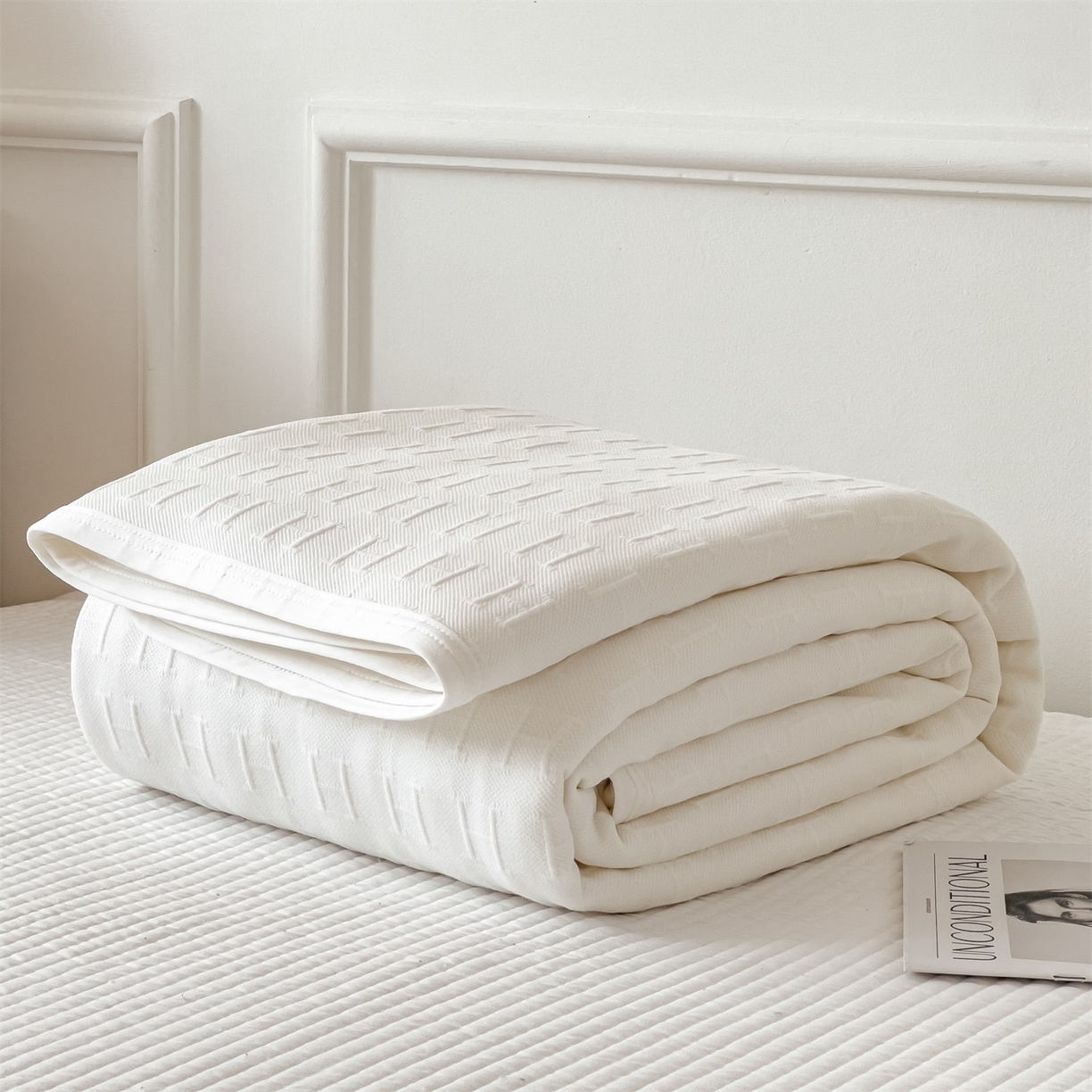 91家纺网 家纺一手货源 找家纺 云恋家纺 2026新款空气提花全棉盖毯夏被毯子 格调-雅白