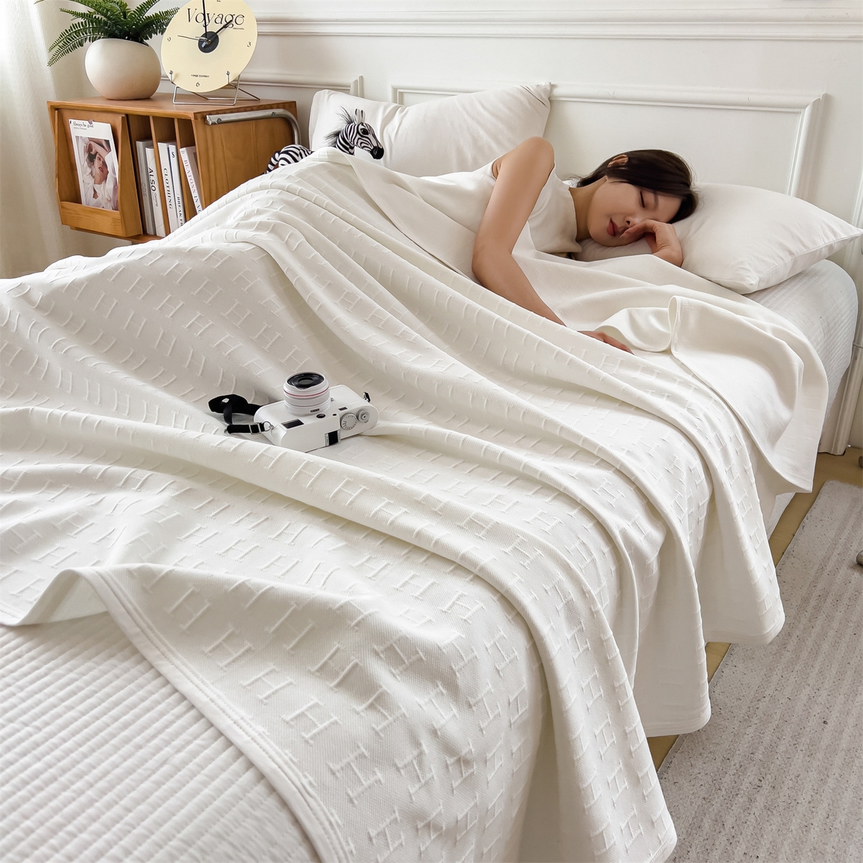 91家纺网 家纺一手货源 找家纺 云恋家纺 2026新款空气提花全棉盖毯夏被毯子 格调-雅白