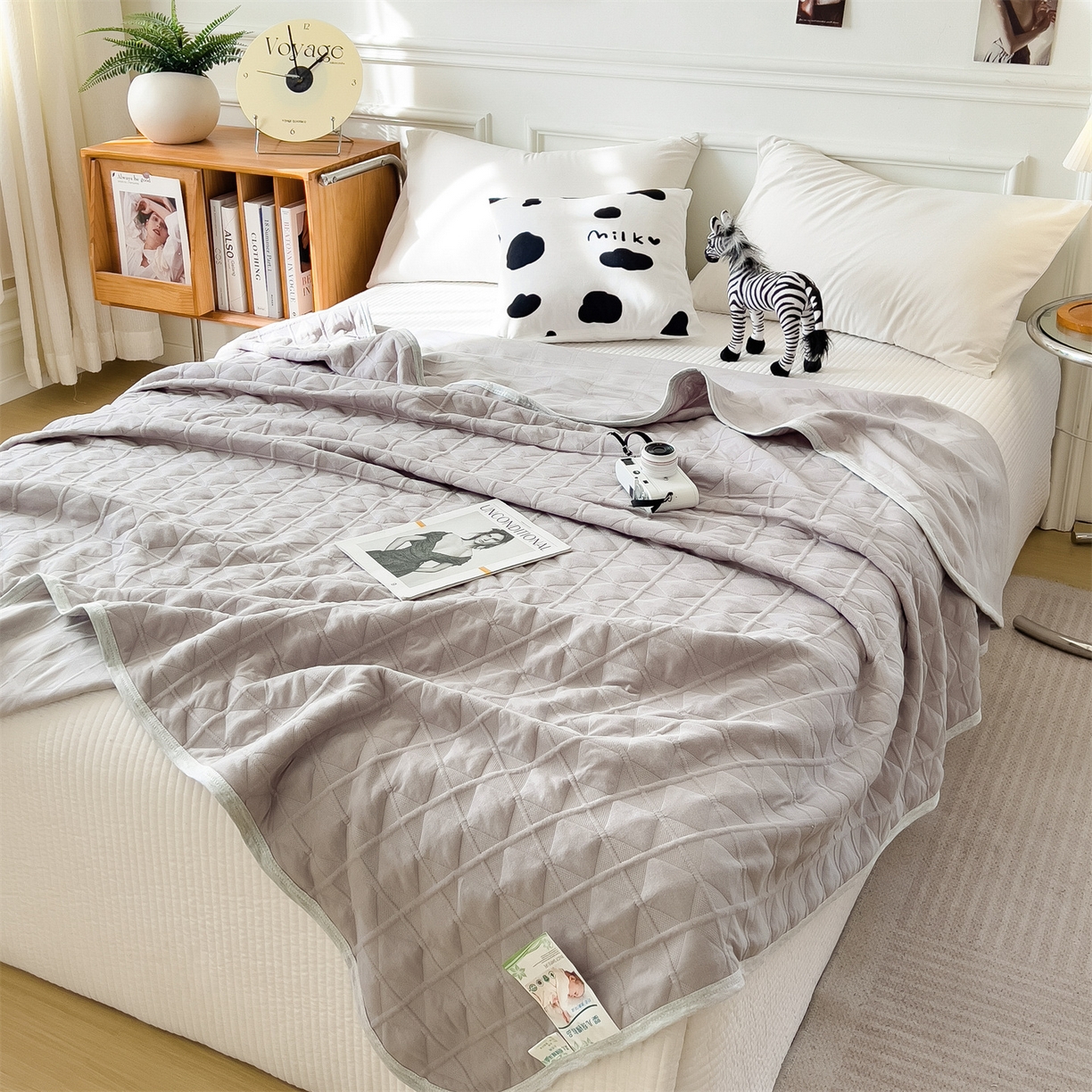 91家纺网 家纺一手货源 找家纺 云恋家纺 2026新款空气提花全棉盖毯夏被毯子 菱形格-奶雾灰