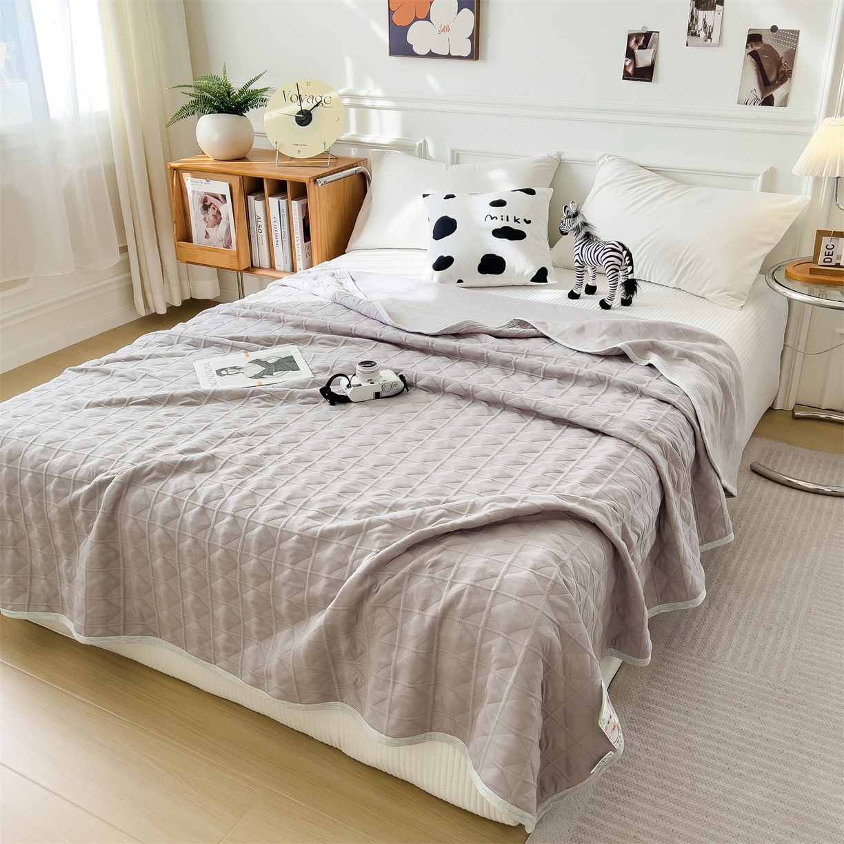 91家纺网 家纺一手货源 找家纺 云恋家纺 2026新款空气提花全棉盖毯夏被毯子 菱形格-奶雾灰