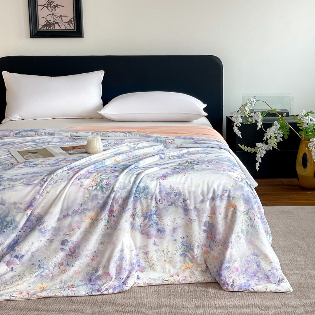 91家纺网 家纺一手货源 找家纺 名兮家居 2026新款印花款锦氨凉感丝夏被空调被夏凉被 世外桃源