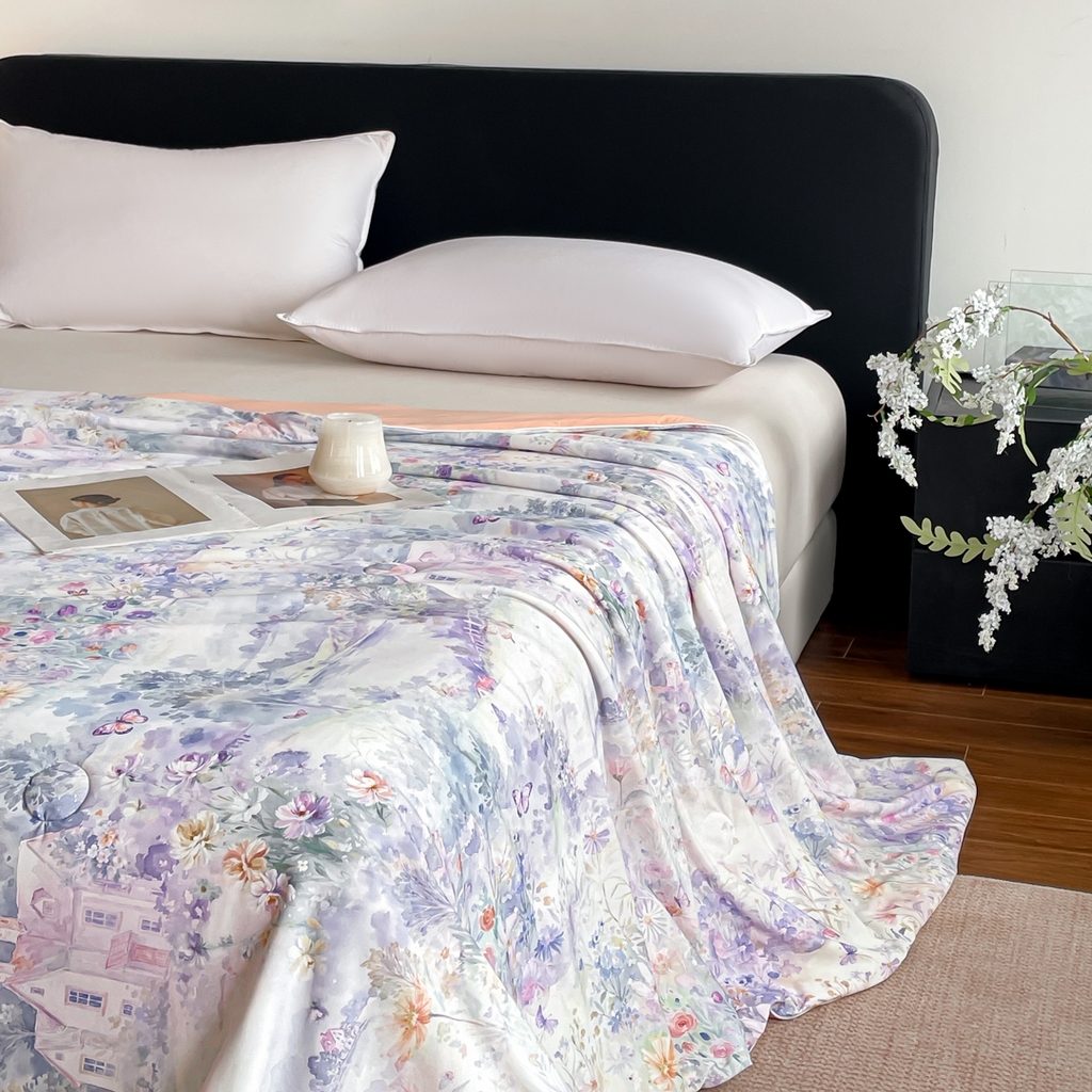 91家纺网 家纺一手货源 找家纺 名兮家居 2026新款印花款锦氨凉感丝夏被空调被夏凉被 世外桃源