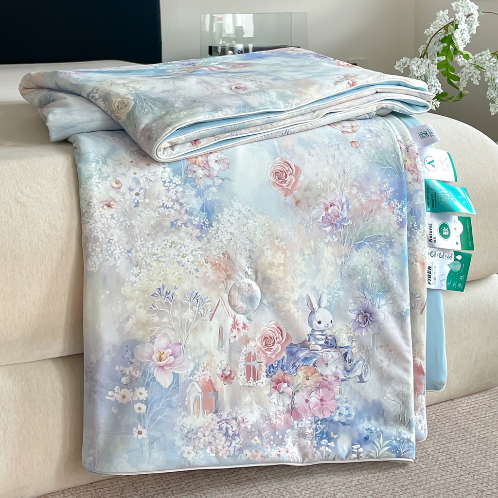 名兮家居 2026新款印花款锦氨凉感丝夏被空调被夏凉被 花园兔-蓝