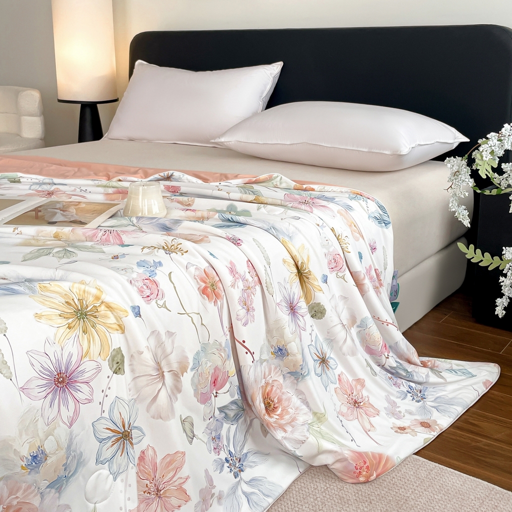 91家纺网 家纺一手货源 找家纺 名兮家居 2026新款印花款锦氨凉感丝夏被空调被夏凉被 玫瑰庄园