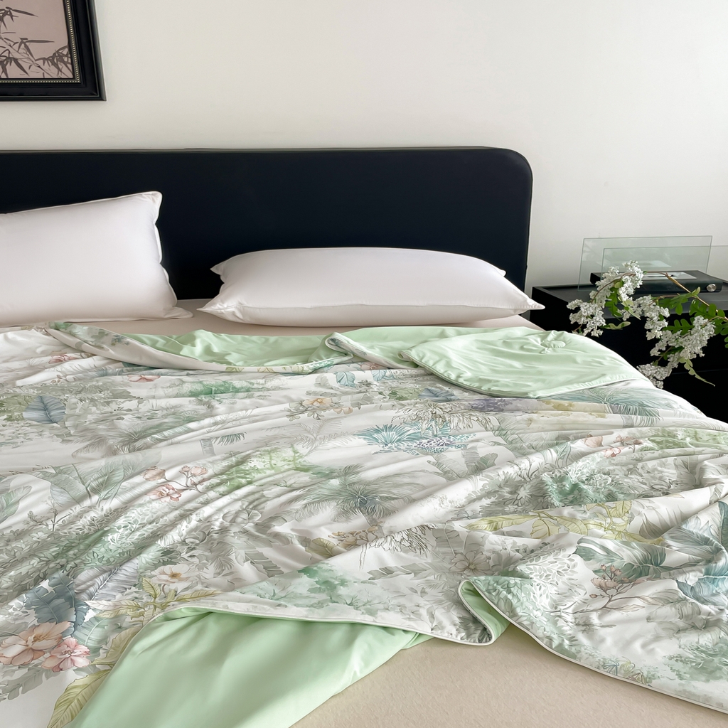 91家纺网 家纺一手货源 找家纺 名兮家居 2026新款印花款锦氨凉感丝夏被空调被夏凉被 亚热带