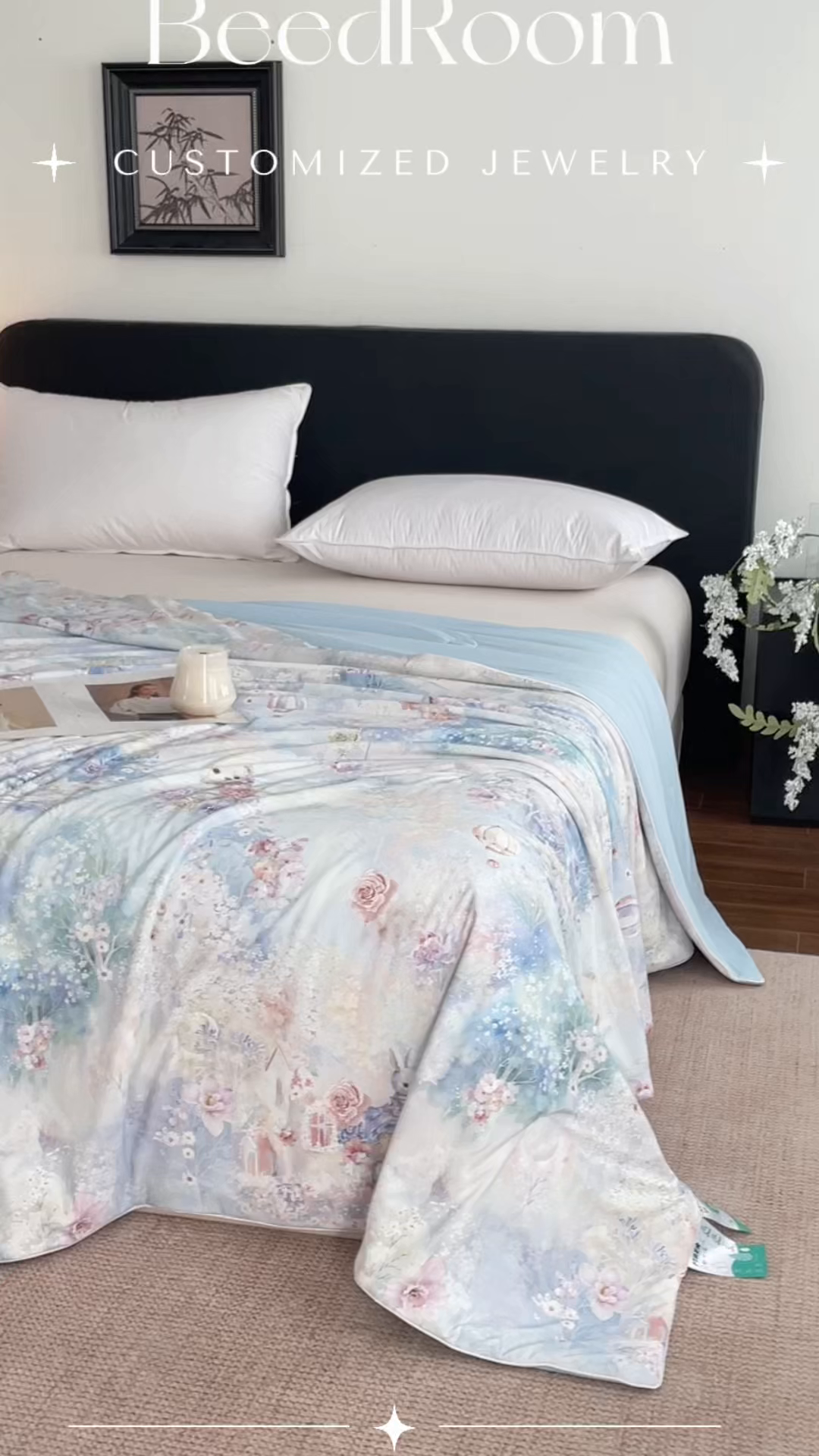 91家纺网 家纺一手货源 找家纺 名兮家居 2026新款印花款锦氨凉感丝夏被空调被夏凉被 花园兔-蓝