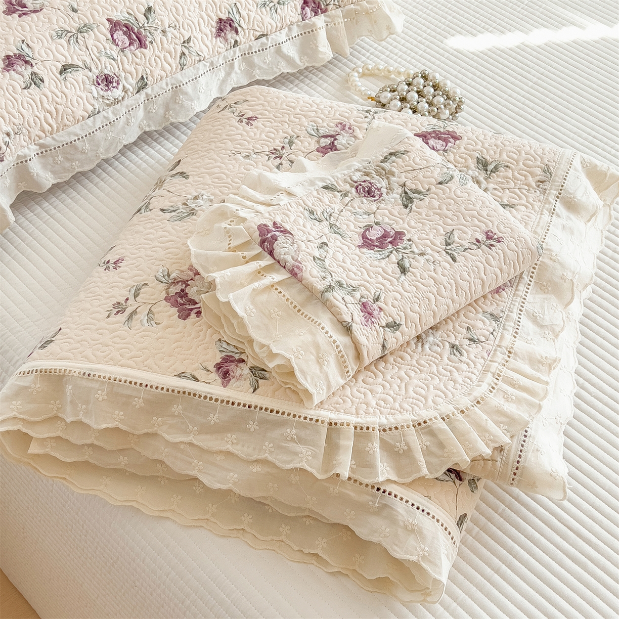 叠派家纺 2026新款A类印花慕丝绵花边款床盖系列（抽空压缩可供跨境）提供买家秀 洛雅+黛紫