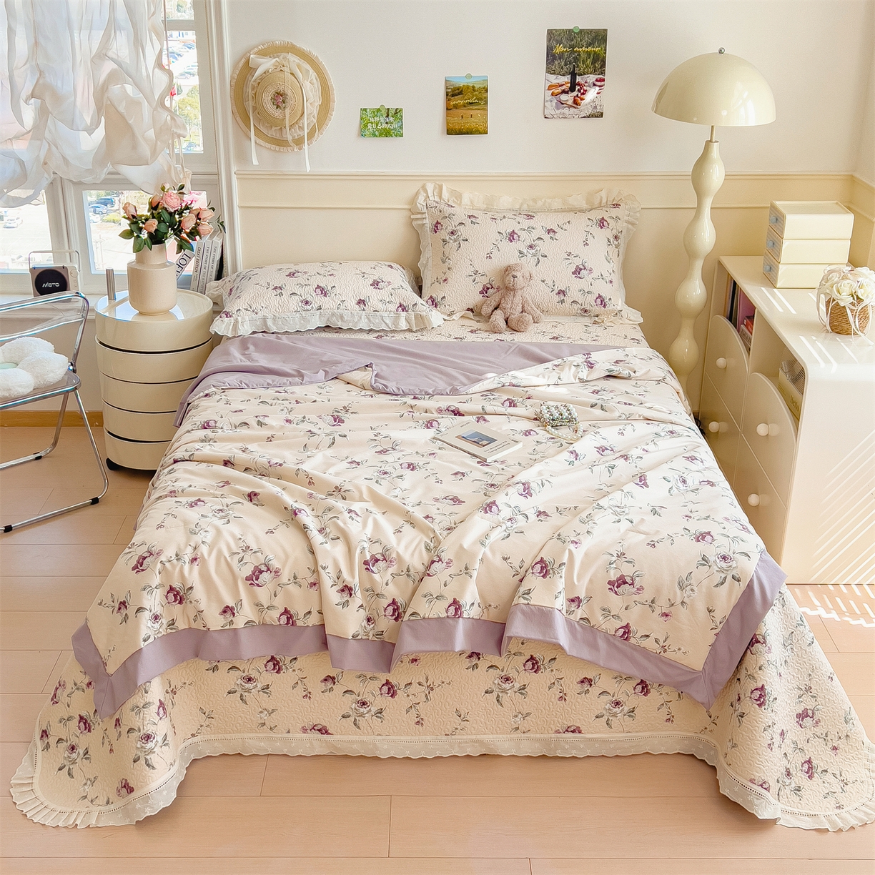 91家纺网 家纺一手货源 找家纺 叠派家纺 2026新款A类印花慕丝绵花边款床盖系列（抽空压缩可供跨境）提供买家秀 洛雅+黛紫